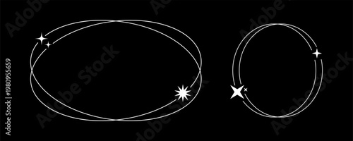 aesthetic frame icon star geometric line shape modern sparkle graphic layout with oval and circle borders on black background. minimalist vector design with thin linear outline