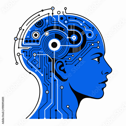 Artificial intelligence concept shows a stylized human head profile layered with intricate blue and black microchip circuitry and radial data rings.