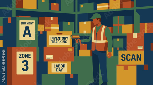 Warehouse Worker Scanning Inventory Boxes Flat Vector Illustration