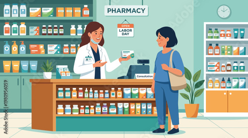 Pharmacist Consulting Customer in Drugstore on Labor Day Illustration