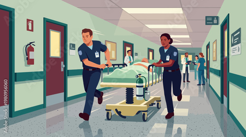 Medical Emergency Team Rushing Patient on Gurney in Hospital