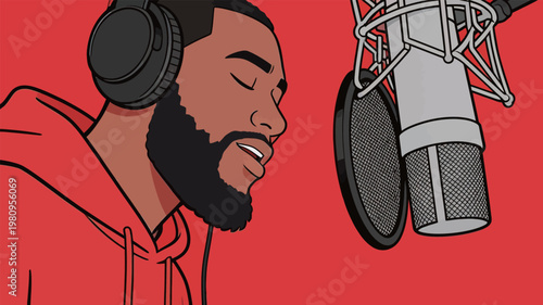 Man in Red Hoodie Recording with Microphone