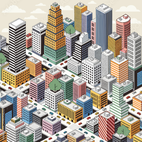 City grid showcases an isometric architectural design with detailed buildings and tree-lined streets.