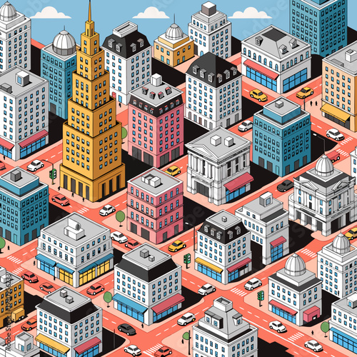 Cityscape illustration depicts an isometric view of colorful buildings and busy streets in a metropolis.