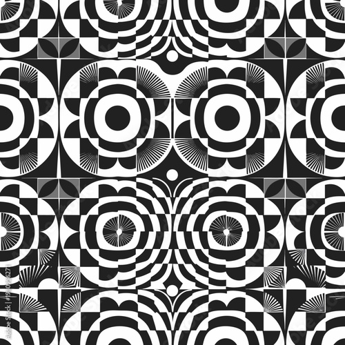 Pattern design showcases intricate black and white geometric shapes arranged in a symmetrical, high-contrast repeating structure with sophisticated optical textures.