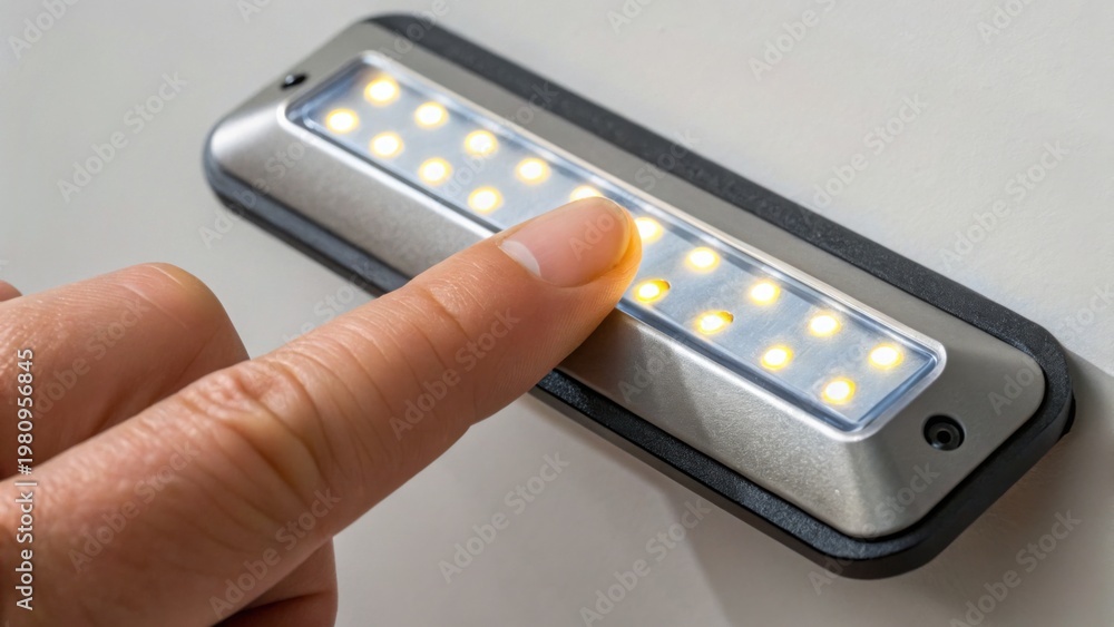 Fototapeta premium A finger pressing a button to turn on a compact LED light panel mounted on a surface.
