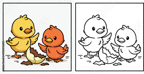 Two Happy Chicks with Cracked Egg Coloring Page