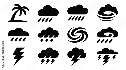 Black and white collection of 12 modern weather icons featuring clouds storms lightning and tropical elements for design use