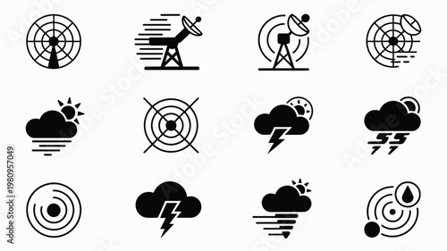 Minimalist weather icons collection featuring sleek black and white symbols for thunderstorms clouds and wind for forecasting