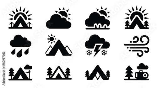 Minimalist weather icons collection featuring sun clouds rain snow wind and mountains in a sleek black and white design