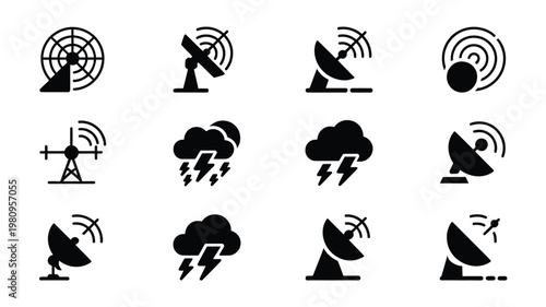 Minimalist icons of satellites antennas and weather symbols in black and white for communication and forecasting concepts