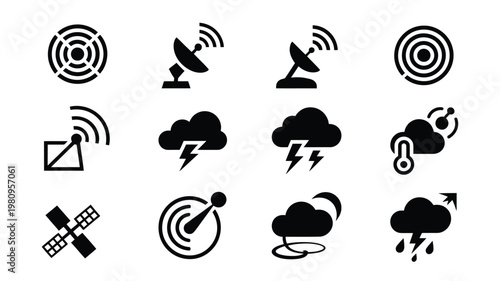 Minimalist black and white icons representing weather satellite and communication signals isolated on clean background