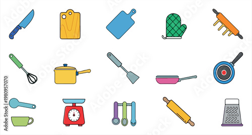 Colorful Kitchen Utensils Icons Set in Flat Design Style