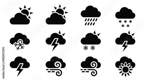 Minimalist black and white weather icons depicting sunny cloudy rainy stormy and windy conditions for design projects