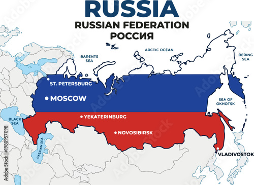 Map of Russia Showing Major Cities and Flag Colors
