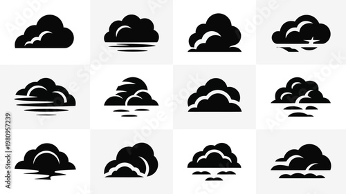 Black and white silhouettes of clouds in minimalist style isolated on white background weather icons for design
