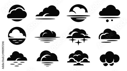 Set of twelve minimalist weather icons featuring diverse cloud formations in a clean black and white design perfect for modern weather forecasting and meteorological graphics