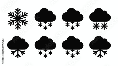Dark clouds and snowflake silhouettes in minimalist design black and white winter weather icons for graphical use