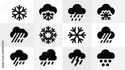 Minimalist weather icons featuring snowflakes clouds and raindrops in black and white design isolated on a neutral background