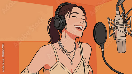 Woman Singing in Recording Studio with Headphones