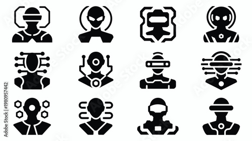 Twelve sleek black and white tech icons featuring futuristic people with virtual reality headsets goggles and helmets in minimalist style