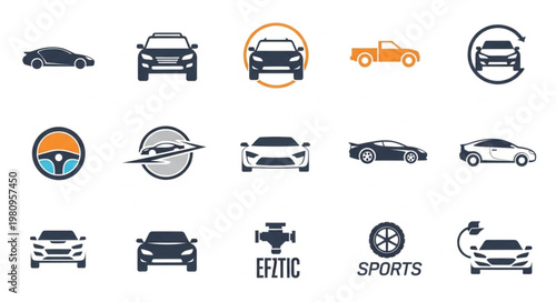 Collection of car icons and logos for automotive industry.