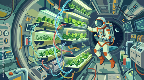 Astronaut Tending to Hydroponic Garden in Futuristic Space Station