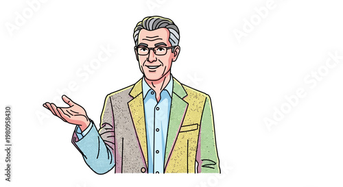 Cartoon man wearing glasses gesturing.