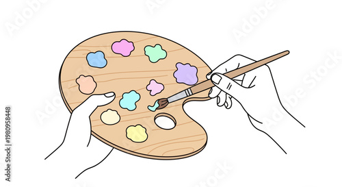 Hands holding a paint palette and brush.