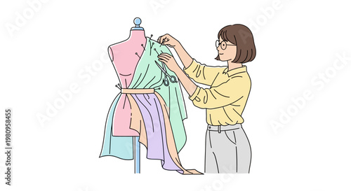 Woman adjusting colorful dress on mannequin.