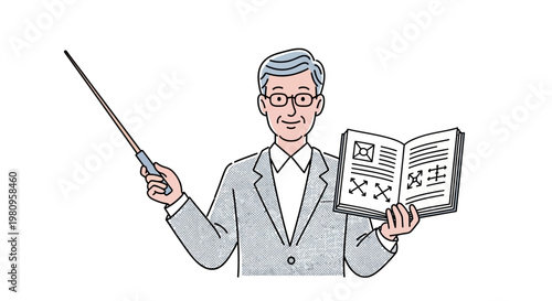 Older man with glasses holding book.