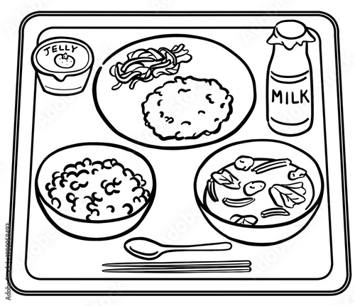 瓶牛乳と白米の給食メニュー　線画