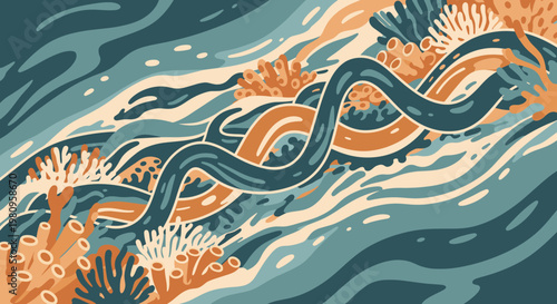 Vibrant abstract illustration evoking an underwater coral reef, ideal for travel blogs, nature articles, or conveying themes of growth and serenity.