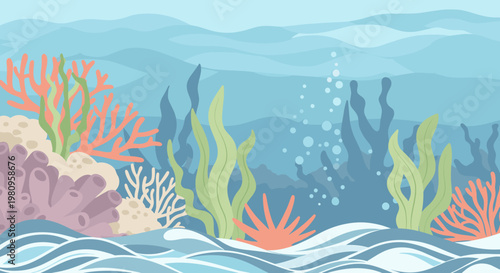 Vibrant and whimsical coral reef illustration, evokes feelings of tranquility and wonder. Ideal for marketing materials or website design seeking a pl