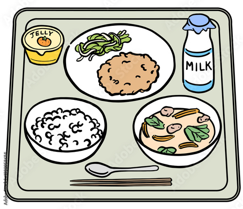 ビン牛乳と白米の給食メニュー　イラスト