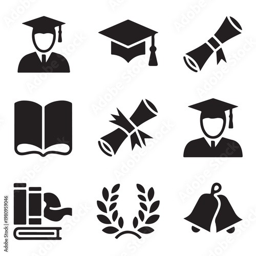 Graduation icons set with graduate silhouette and academic symbols vector 