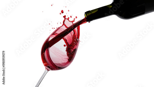 Принти на полотні Isolated red wine pouring from a bottle into a glass creating a dynamic liquid s