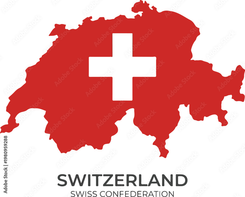 Fototapeta premium Minimalist illustration of the map of Switzerland with the national flag inside, symbolizing national identity and geography