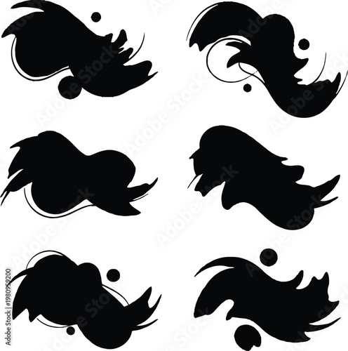 Abstract black brush stroke and ink splashes design elements set