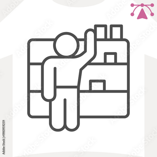 Merchandiser man at shelves with goods line icon, market concept. Vector graphics. Worker sign and editable stroke, outline style icon for mobile or web design.