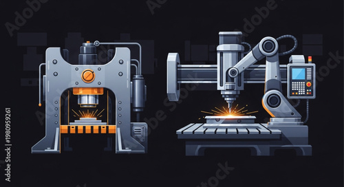 Industrial machinery with robotic arm and hydraulic press.