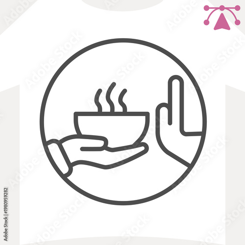 Refusing food hand gesture line icon, soup concept. Vector graphics. Ceramic plate with hot lunch and hands sign and editable stroke, outline style icon for mobile or web design.