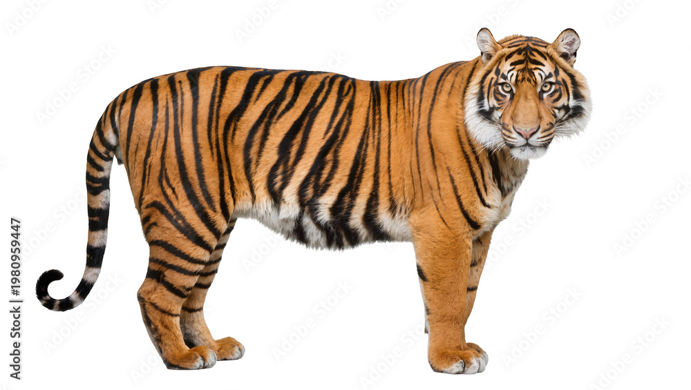 Obraz premium Isolated powerful tiger standing, full body, facing front, watchful and alert gaze