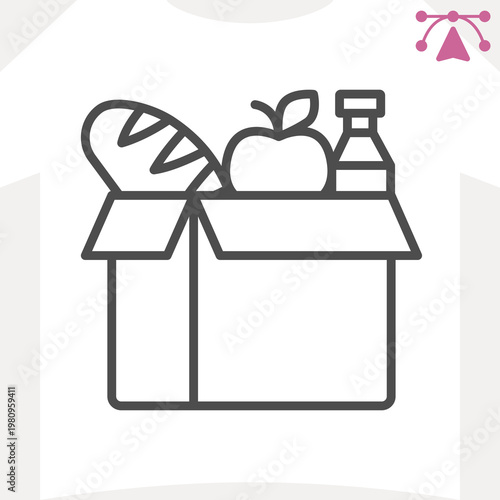 Cardboard box with groceries line icon, food assistance concept. Vector graphics. Bread, apple and bottle of milk sign and editable stroke, outline style icon for mobile or web design.