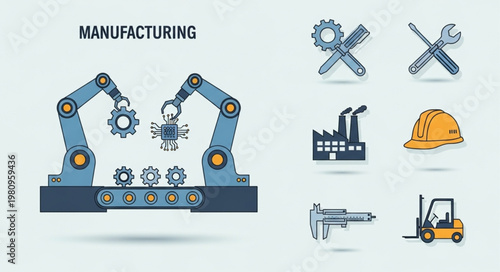Robotic arms assembling gears on a conveyor belt in a factory setting.