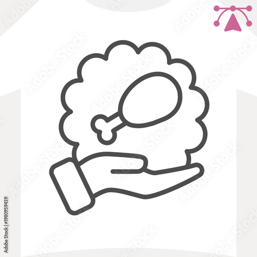Sticker with roasted chicken leg in hand line icon, food assistance concept. Vector graphics. Poultry food sign and editable stroke, outline style icon for mobile or web design.