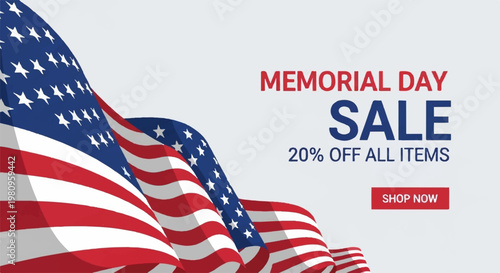 Memorial Day sale banner with waving American flag and 20 percent off