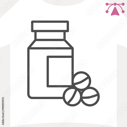 Jar of medicine and pills line icon, medication concept. Vector graphics. Three tablets and jar sign and editable stroke, outline style icon for mobile or web design.