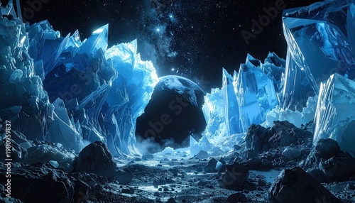 Alien Landscape Under Starlit Sky With Crystalline Formations And Glowing Lights In Deep Space