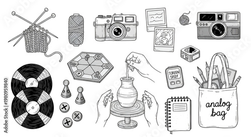 Collection of hand-drawn sketches representing various analog hobbies and creative pastimes.